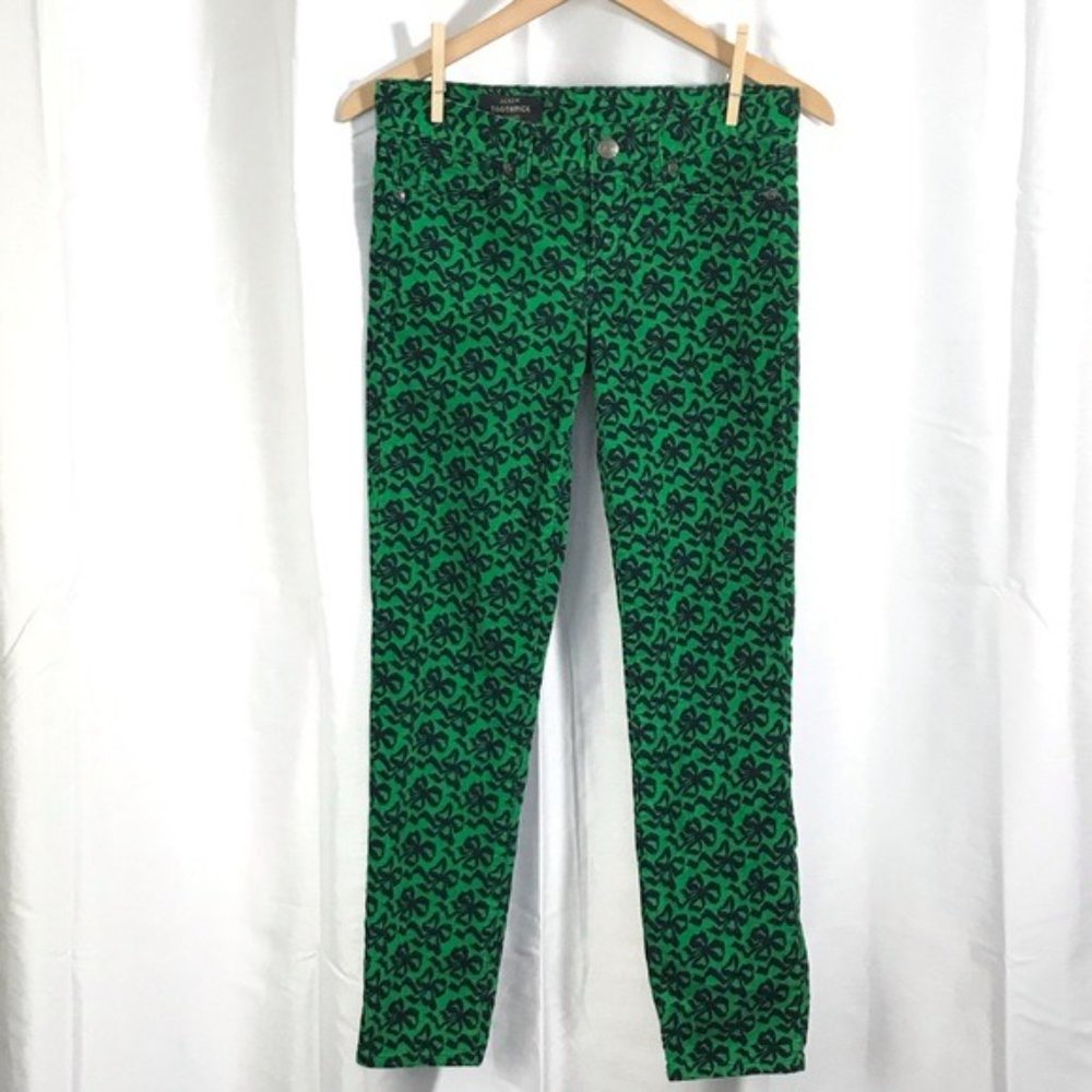 J Crew Toothpick Novelty Bow Print Corduroy Pants Green Skinny 26 Preppy
